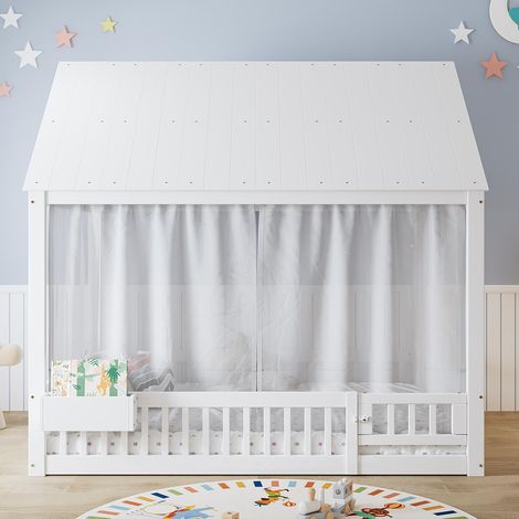 Lit d'enfant 140 x 200 cm, avec une tringle à rideaux décorative blanche et un petit espace de rangement, blanc (1/5)