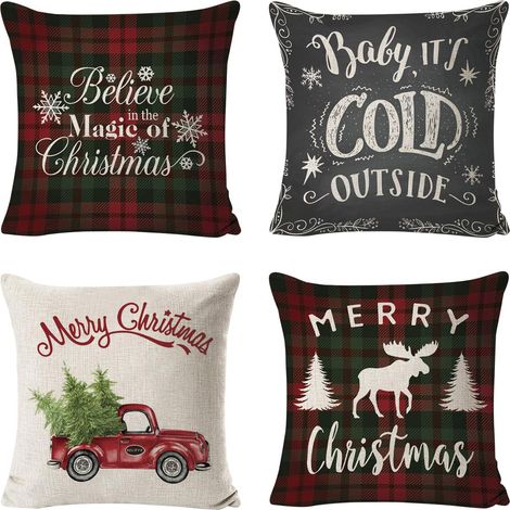 Lot de 4 Housse de Coussin Taie d'oreiller Carré Imprimé Père Noël Bonhomme de Neige Renne pour Chambre Salon Lit Canapé Voiture (Modele B) GROOFOO (1/5)