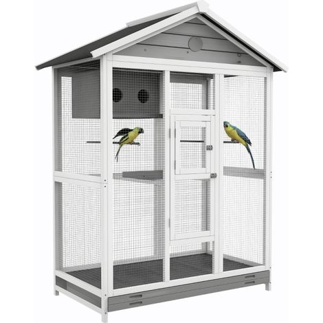 Cage à oiseaux en bois avec 4 perchoirs, toit en asphalte, étanche, 112 x 68 x 154 cm