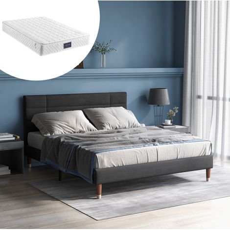 Letto imbottito in tessuto grigio 140x200 cm con rete a doghe, materasso incluso e spazio sottoletto (1/5)