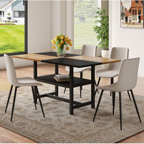 Ensemble table à manger 160 × 90 cm avec rangement et 4 chaises, marron, noir et gris chaud OKMYHOME (1/5)