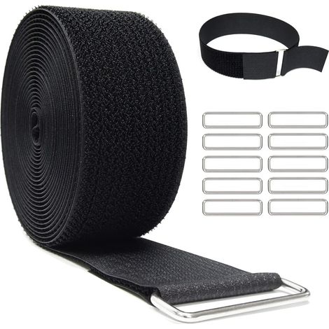 5cm-5m Hook and Loop Ties with 10 Metal Buckles, Reusable Cut-to-Length Ties, Adjustable Fastening Ties, Nylon Fastening Straps, 2 Inch Width, Black (1/5)
