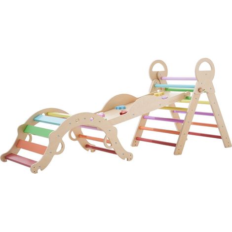 Pikler 9-in-1 Kletterset für Kinder, Indoor-Klettergerüst aus Holz mit 2 Wagen, Kissen, Dreieck, Bogen und Rampe, Tragkraft 68 kg, faltbar, Montessori-Regenbogen (1/5)