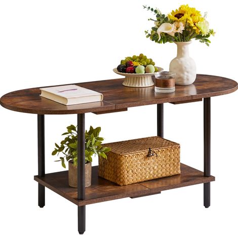 Petite Table Basse, Table de Salon, Table Basse en Bois avec 2 Étagères de Rangement pour Salon/Bureau, Marron Foncé + Pieds Noirs, YD-011H (1/5)