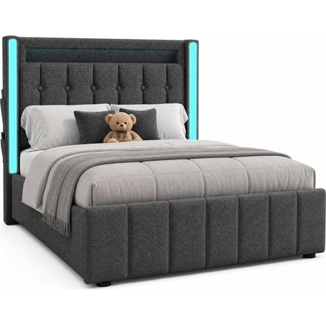 Polsterbett Einzelbett mit 2 Schubladen, USB, Type-C und LED, Liegefläche 90 x 200 cm, ohne Matratze, Grau (1/5)