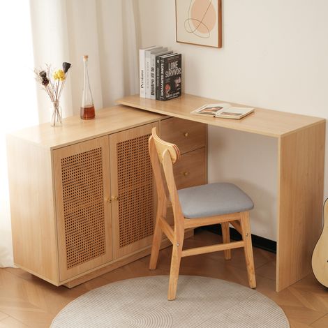 Schreibtisch aus MDF, weiß mit Türen in Naturholz-Optik, drehbar mit Stauraum, platzsparend,126x40x75cm (1/5)