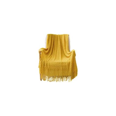Couverture bohème tricotée à pompons, jaune, format 127 × 180 cm, douce et décorative (1/4)