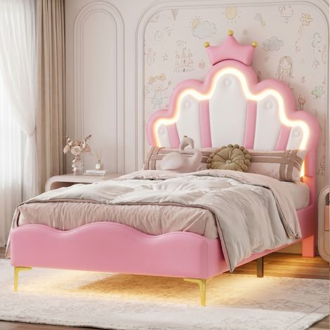 Lit enfant 90x200 cm,Lit fille avec LED,Lit de princesse en forme de couronne,lit simple avec sommier à lattes,PU,Rose (1/5)