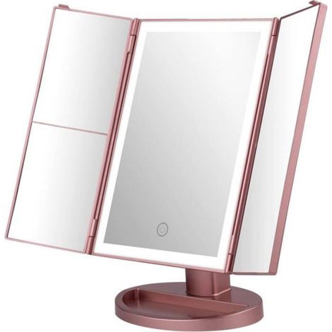 Miroir Maquillage Lumineux 2X/3X Pliable 180°, Or Rose (1/4)