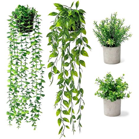 Artificial Plants, Set of 4 with Pots and Dropping Plant  Eucalyptus, Rosemary, Pea Foliage, Mini Fake Plant for Bathroom, Office, Bedroom, Shelf and Window (1/5)