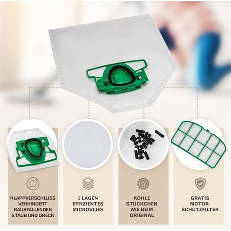 Adecuado para bolsa aspiradora aplicable en paquete de seis para bolsa de filtro Vorwerk Kobold VK200 FP200, compuesto por 5 bancos micropolares (1/5)