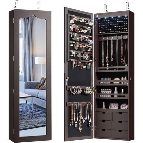 COSTWAY Armadio portagioielli con 5 Luci LED, Porta che Si Chiude, Armadio Portagioielli Montato a Muro con Specchio e 6 Cassetti, Organizer Gioielli con Tanto Spazio per Ragazze (Marrone)