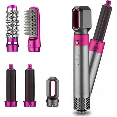 Set 5 in 1 composto da asciugacapelli elettrico, arricciacapelli, piastra automatica e spazzola per capelli, utilizzabile su capelli bagnati o asciutti, colore rosso rosa. (1/5)