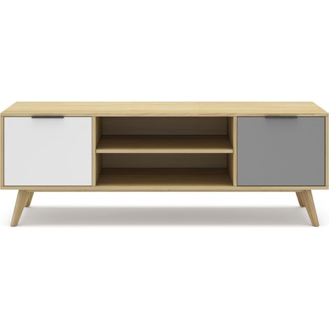 Meuble TV en pin massif chêne blanc et gris, meuble de rangement - Longueur 140 x Profondeur 40 x Hauteur 52 cm -PEGANE- (1/5)