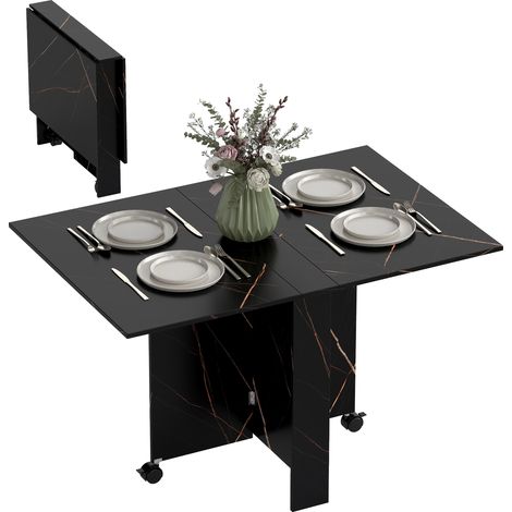 Table pliante cuisine table à manger pliable avec 2 abattants 2 roues avec freins 120 x 80 x 73 cm noir marbré imitation