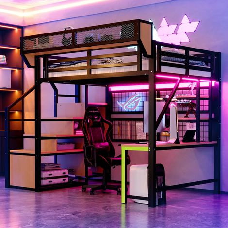 lit adulte mezzanine bureau rangement 140x200 métal OKMYHOME (1/5)