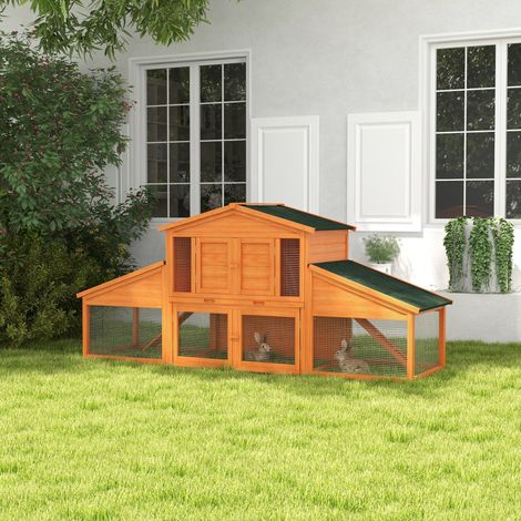 Clapier cage à lapins rongeurs poulailler XXL 2 étages 2 enclos tiroir déjection 2.25L x 0.70l x 1H m bois massif pin