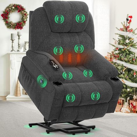 Fauteuil TV électrique réglable, fauteuil de massage avec fonction d'aide au lever, chauffage et repose-pieds, équipé de 2 poches latérales et d'un porte-gobelet, prise USB, tissu gris foncé