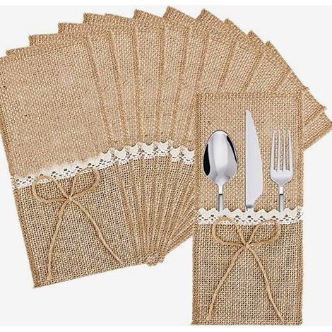 10 Porte-Couvert, Toile De Jute, Dentelle Blanche, Nœud Décoratif, Style Vintage, Pour Mariage