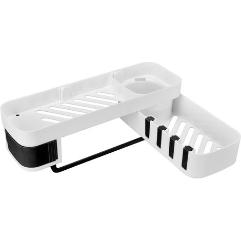Étagère d'angle de salle de bain à double niveau, rotative, fixée au mur, élégante et multifonctionnelle, blanche et noire. (1/5)