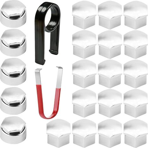 Cache-écrous de Roue Chromés de 17mm, Cache-écrous de Roue, 24cache-boulons de Roue Universels, kit de Protection de vis, 17 Cache-vis de Roue de 17mm, 5caches Antivol Ronds et 2 Clips. (1/5)