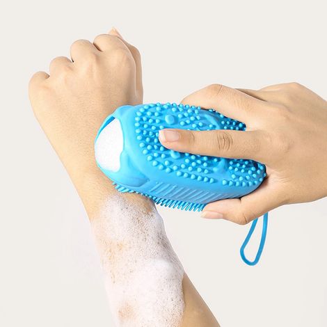 Éponge exfoliante en silicone pour le corps, brosse pour le bain moussant (bleue) (1/3)