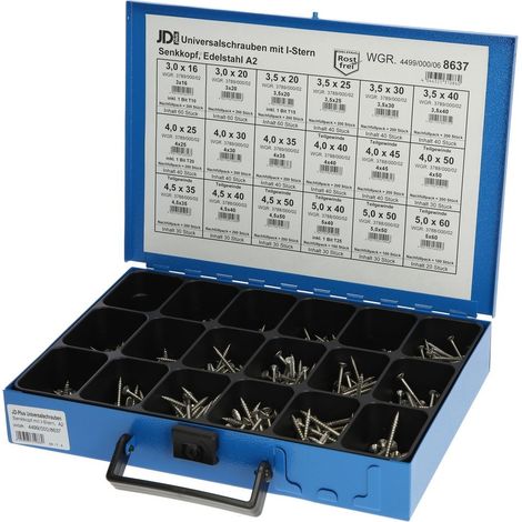 Coffret d'assortiment de vis inox tête fraisée JD-Plus, 18 sortes