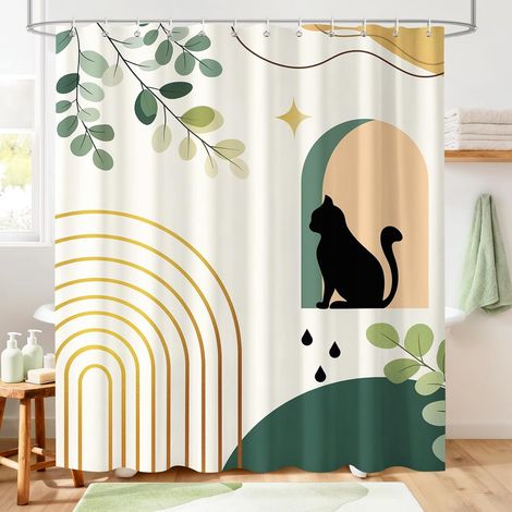 Rideau de douche motif chat, style bohème, 180 x 180 cm, Mid-Century moderne, textile, anti-moisissure et imperméable, beige et vert, abstrait, en polyester, avec 12 anneaux, pour décoration (1/5)
