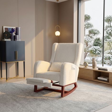 Fauteuil à Bascule avec Repose-pieds, Fauteuil de Relaxation de salon, Rocking Chair avec aspect Laine d'agneau, capacité de charge jusqu'à 150 kg, pour salon, chambre, 64 x 67 x 99 cm (Blanc) (1/5)