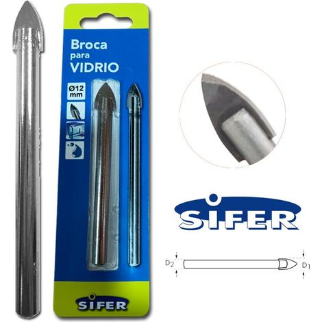 SIFER sifer broca para cristal ø12 mm , Vídrio, cerámica, azulejos, porcelana.Punta recta y base cilíndrica. Superficie de níquel.