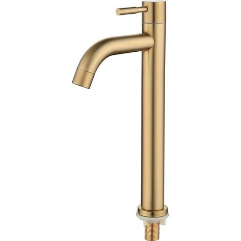 304 Stainless Steel Bathroom Washbasin with Brushed Gold Finish, Single Hole, Undermount Basin with Hot and Cold Water, Faucet - Brushed Gold Single Cold-Current Curved Spout (Tall Style)