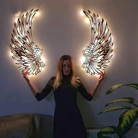 Décoration murale ailes d'ange en métal, sculpture murale ailes d'ange LED, art des ailes lumineuses à suspendre à l'intérieur ou à l'extérieur - 30 x 30 cm (1/5)