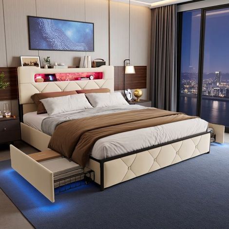 Letto Matrimoniale 140x200 con Rete 4 Cassetti - LED RGB - Porte USB - Letto Imbottito in Velluto - Carico 300 kg