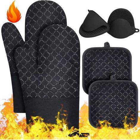 Gants de Four, 6 PCS Gants de Four et Maniques, Gants de Barbecue Anti-Chaleur Jusqu'à 500°C, Gants et Maniques Four de Antidérapants pour Gril, Adaptés pour la Cuisson, Le Grillage, Noir (1/5)