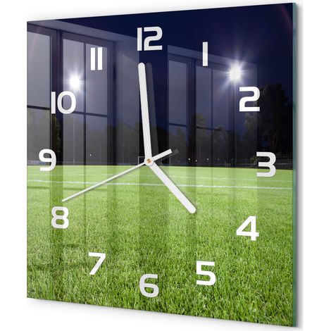 Horloge Murale Carrée Déco Salon Verre Trempé Silencieuse Design Contemporain Terrain de football 30x30 cm (1/5)