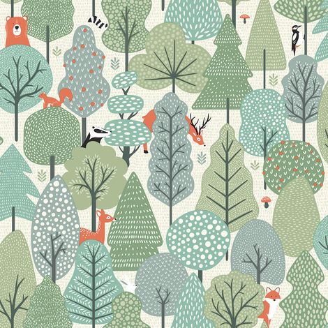 Papier peint enfant forêt animaux style scandinave