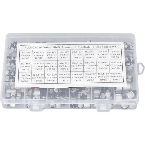 400 Stück Elektrolytkondensatoren, 24 Werte, schwarz, SMD-Aluminium-Elektrolytkondensatoren, Sortimentsset, 1 µF bis 1000 µF (1/5)