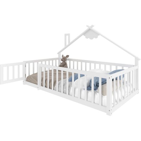 Lit enfant 90x190 cabane bois pin blanc barrière, sans matelas