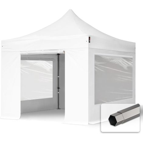3x3 m Faltpavillon, PREMIUM Stahl 40mm, Seitenteile mit Panoramafenstern, weiß