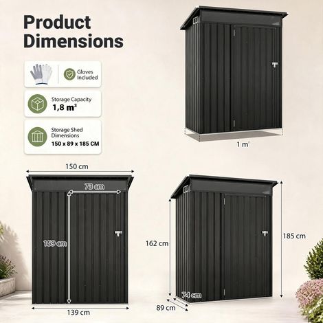 Rangement Extérieur Protégé Cabanon de Jardin Acier 150x89x185 cm 1,8m³ Abri Outils Tondeuse pour Jardin Cour et Terrasse (1/5)