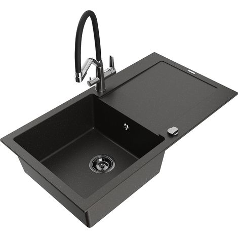 Mexen Leo lavello in granito 1-vasca con sgocciolatoio e rubinetto da cucina Duo, nero/oro metallizzato - 6501-75-671701-07-B (1/5)