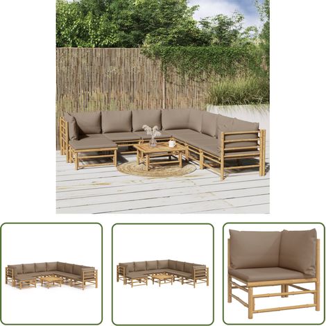 The Living Store Salon de jardin 9 pcs avec coussins taupe bambou - Salon De Jardin - Mobilier De Jardin - Ensemble De Salon - Ensemble De Meubles De Jardin - Meubles En Bambou (1/5)