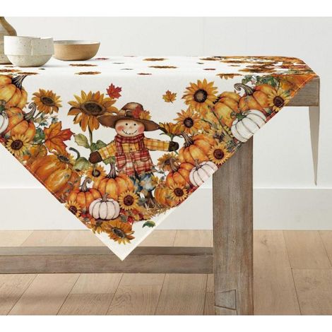 Tischdecke Herbst Vogelscheuche Sonnenblumen Kürbis 85x85 cm Quadratisch Beige