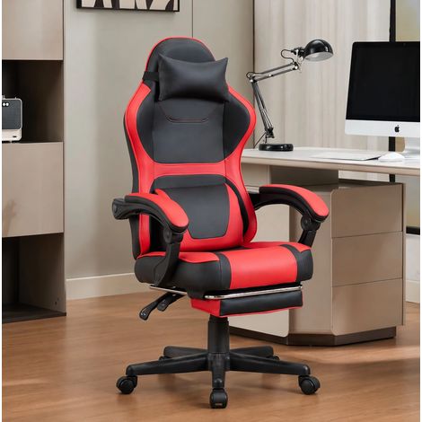 Sedia da gaming ergonomica in PVC con poggiapiedi regolabile e tasca portaoggetti sullo schienale, nero e rosso (1/5)