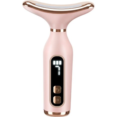 Appareil de massage visage et cou LED 7 couleurs avec fonction chauffante et 7 modes de vibration, écran LCD, rechargeable, portable, type C, rose (1/5)