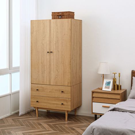 Armadio/guardaroba con 2 ante, 2 cassetti e asta appendiabiti - 80 x 52 x 180 cm - effetto legno