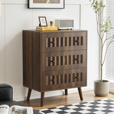 Commode à 3 tiroirs 60 x 40 x 79 cm en MDF avec pieds en bois de pin, coloris noyer HAVRYA (1/5)