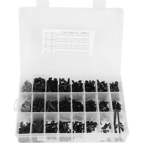 Ensemble de 1080 pièces boulons écrous à tête hexagonale semi-circulaire en acier carbone noir avec clés et rondelles (1/5)