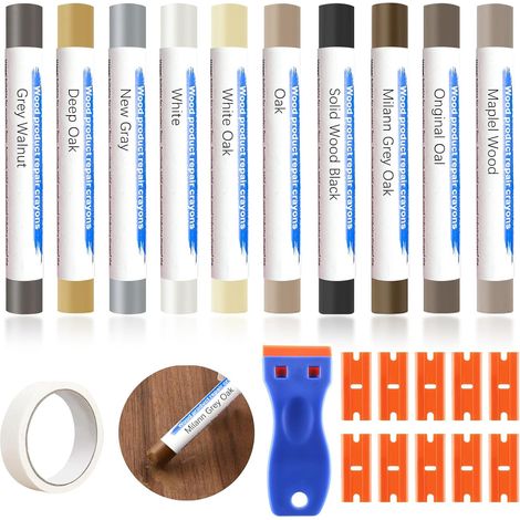 Kit de réparation de stratifié avec raclette 10 couleurs - Kit de réparation pour parquet avec escalier de peinture, kit de réparation bois cire pour plan de travail, carrelage, meubles (1/5)