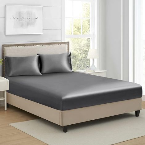 Drap Housse 160x200cm Anthracite Gris Satin Bonnet 30 cm Microfibre Motif Parure Drap de lit Soie Drap-Housse 160 x 200cm Uni Lisse Respirant pour Matelas Épais Grand Bonnet 160 x 200 x 30 (1/5)